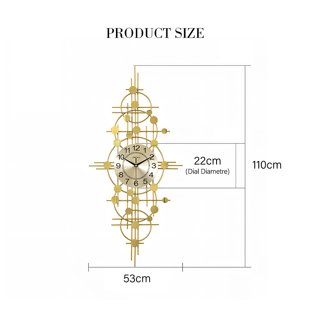 Cohen Art Deco Gold Wall Clock, Silent Clock, Horizontal Or Vertical