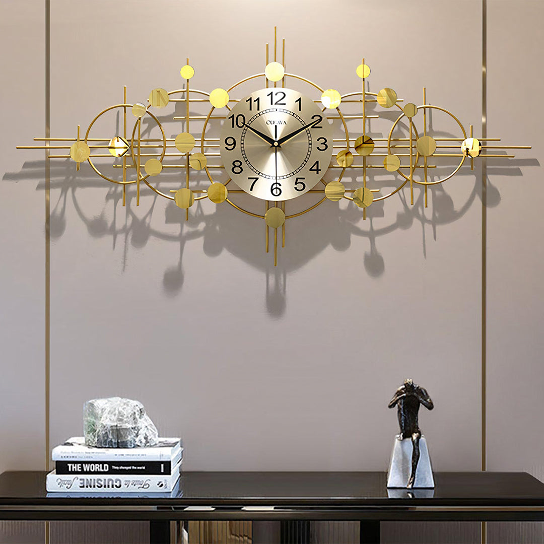 Cohen Art Deco Gold Wall Clock, Silent Clock, Horizontal Or Vertical
