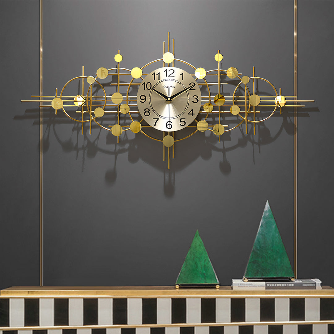 Cohen Art Deco Gold Wall Clock, Silent Clock, Horizontal Or Vertical