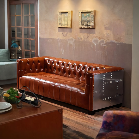Aviator Three Seater Sofa, Real Leather And Aluminium