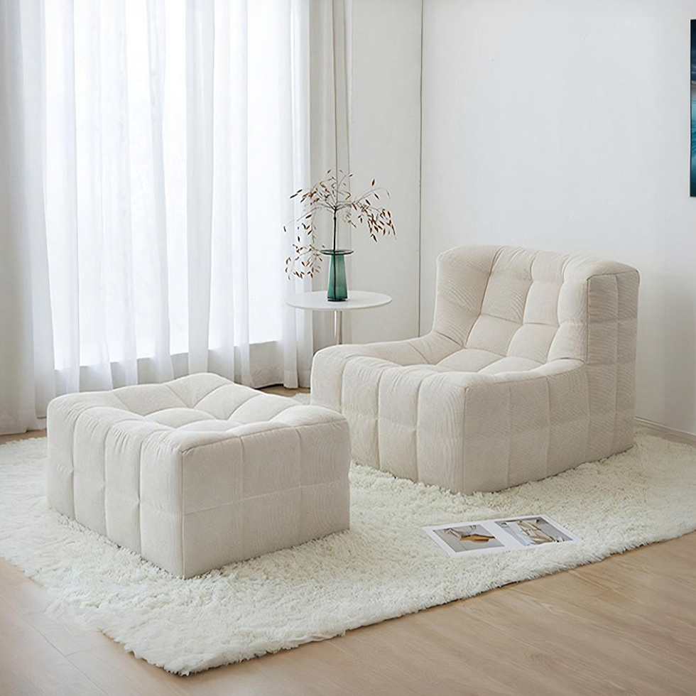 Bernice White Loung Chair And Ottoman, White Corduroy