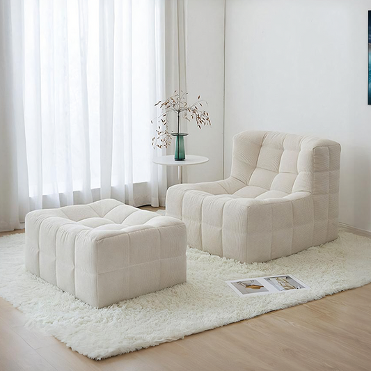 Bernice White Loung Chair And Ottoman, White Corduroy