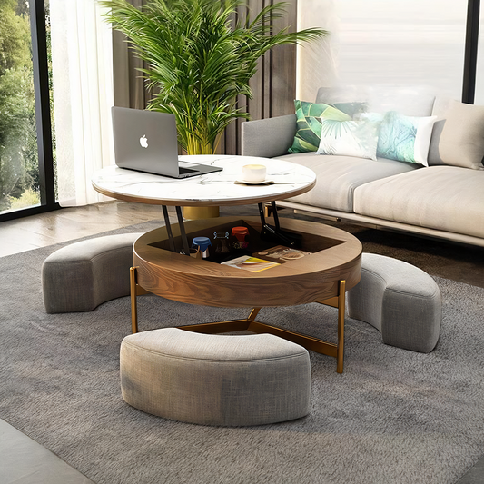 Josiah Round Lift-Top Coffee Table With 3 Small Benches, Linen