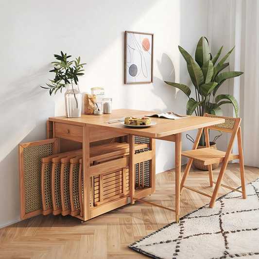 Nydia Foldable Dining Table Set, With Storage and Rattan Design, Wood