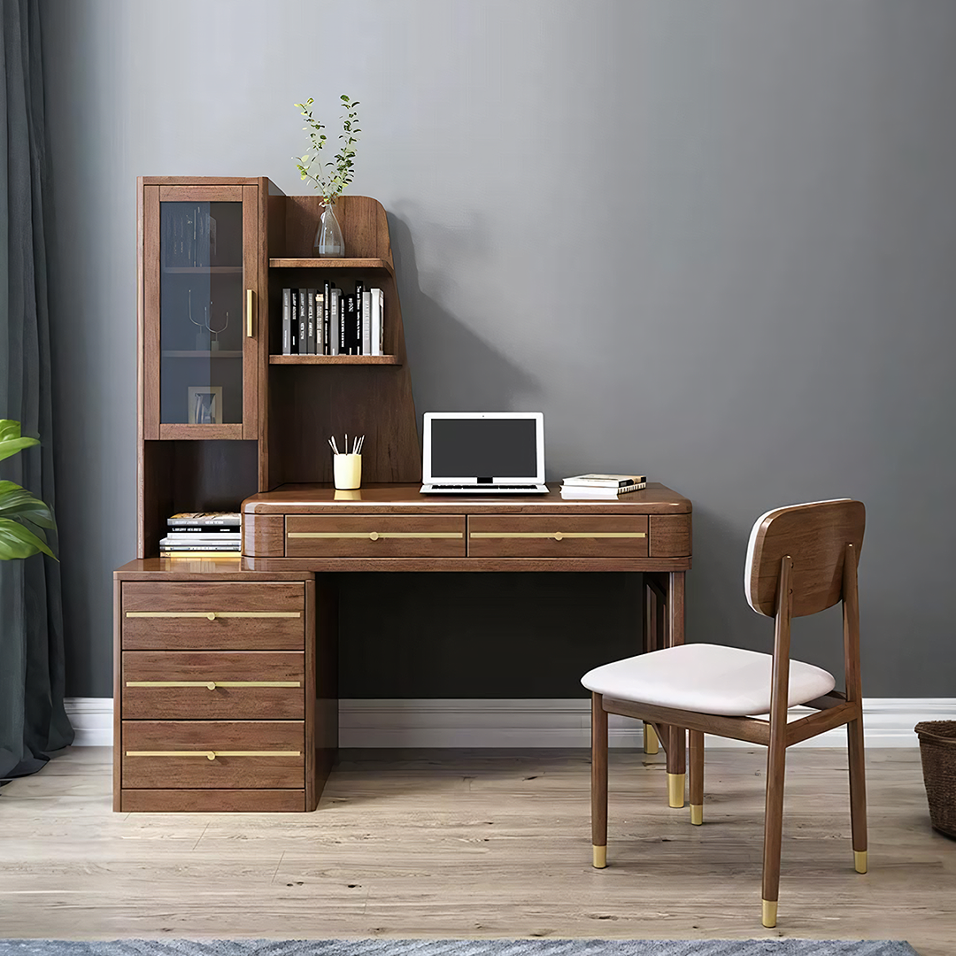SK21 Office Desk With Side Storage, Rosewood & Gold